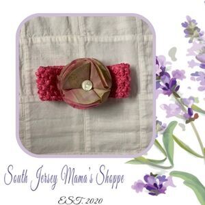 Handmade Infant Headband Pink Band Pink Green Flower Center Size Preemie B291